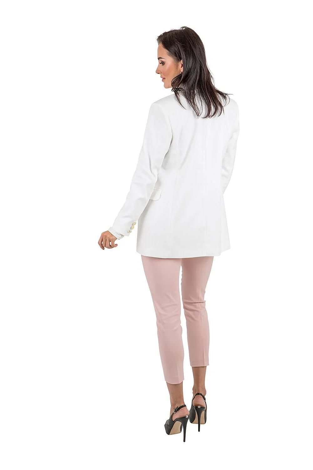 Veste et pantalon tailleur pour femme style professionnel élégant rose pâle matière légère extensible