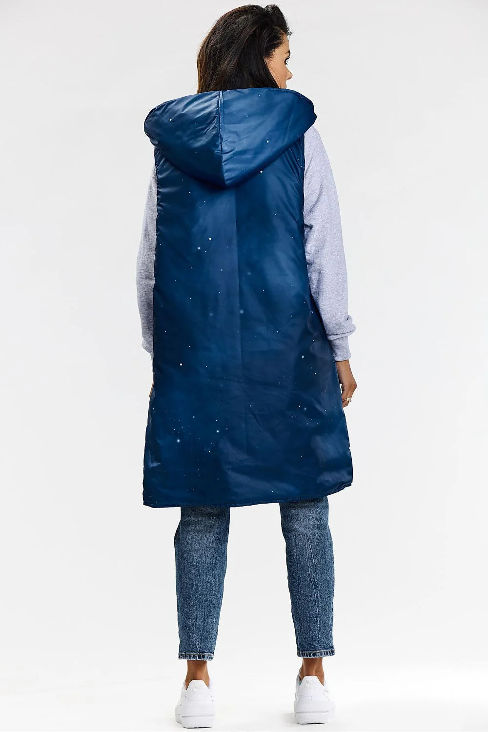 Gilet long sans manches pour femmes, à capuche, double face, polyester 100%, style moderne, fonctionnel, occasions multiples
