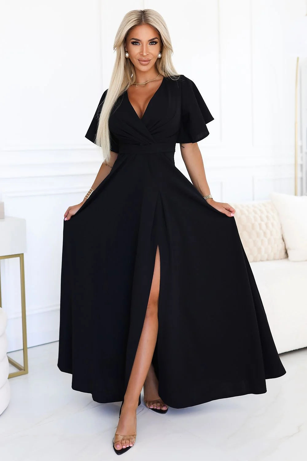 robe longue noire cachecoeur décolleté plongeant fente haute jambe manches courtes amples papillon taille cintrée ceinture intégrée jupe fluide mate