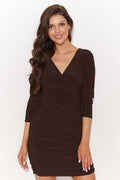 Robe de jour élégante moderne couleur marron foncé coupe près du corps manches 3/4 décolleté en V matériau coton spandex polyester femme occasion formelle