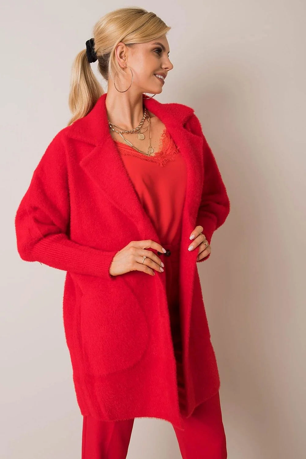 Manteau pour femme moderne élégant couleur rouge vif en mélange laine longueur universelle manches longues col revers poches coulissantes automne-hiver