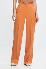 Pantalon moderne élégant large fluide femme taille haute couleur vive orange polyester viscose coupe large ourlet long