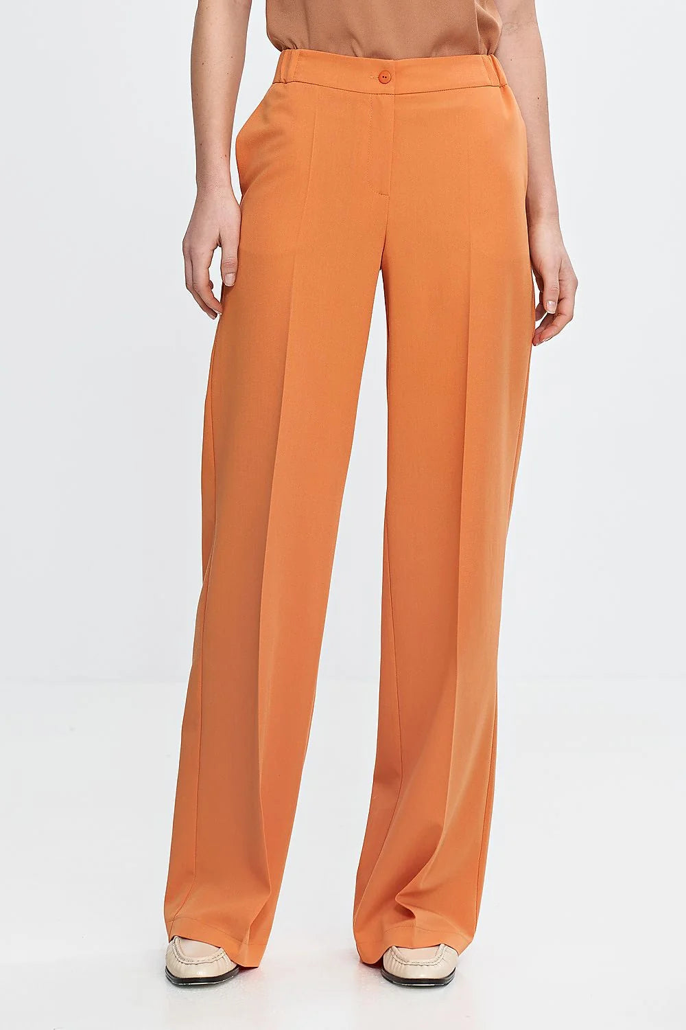 Pantalon moderne élégant large fluide femme taille haute couleur vive orange polyester viscose coupe large ourlet long