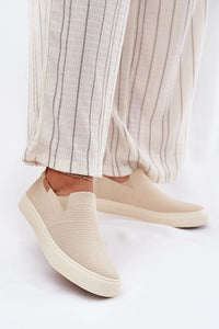 Baskets femme slip-on en tissu respirant beige élastiques bout rond semelle caoutchouc confortables occasionnels