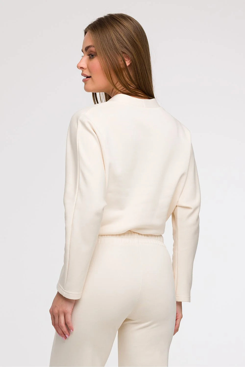 ensemble femme BeWear cachecoeur colv plongeant drapé mancheslongues pantalon ajusté taillehaute elastique couturesverticales maille extensible creme ivoire minimalchic confortable sophistiqué