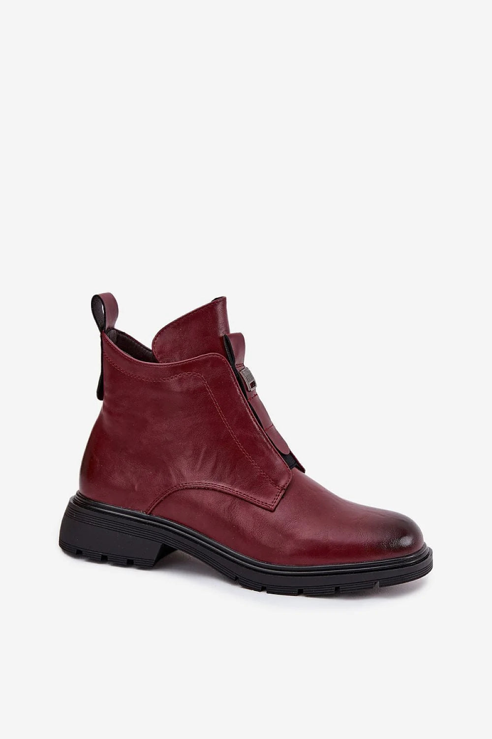 bottines femme simili cuir bordeaux cheville bout rond semelle crantée noire talon bas 4cm fermeture éclair doublure chaude boucle métal