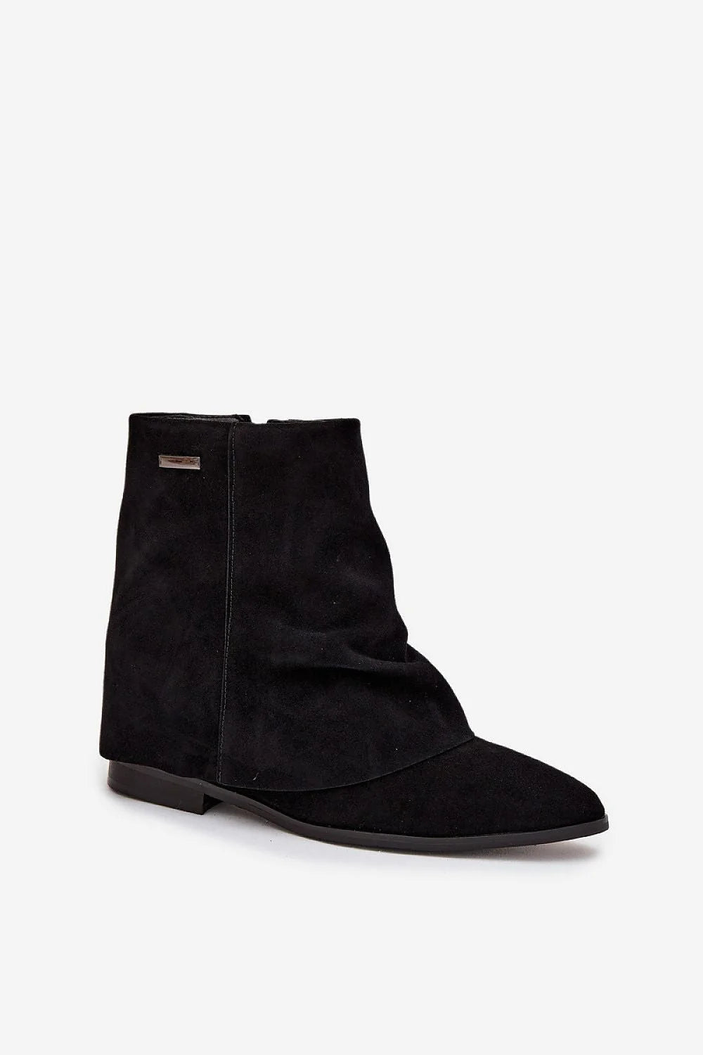 bottines suédine écologique noir slouch tige froncée bout pointu talon compensé caché 7cm doublure douce fermeture éclair semelle antidérapante automne