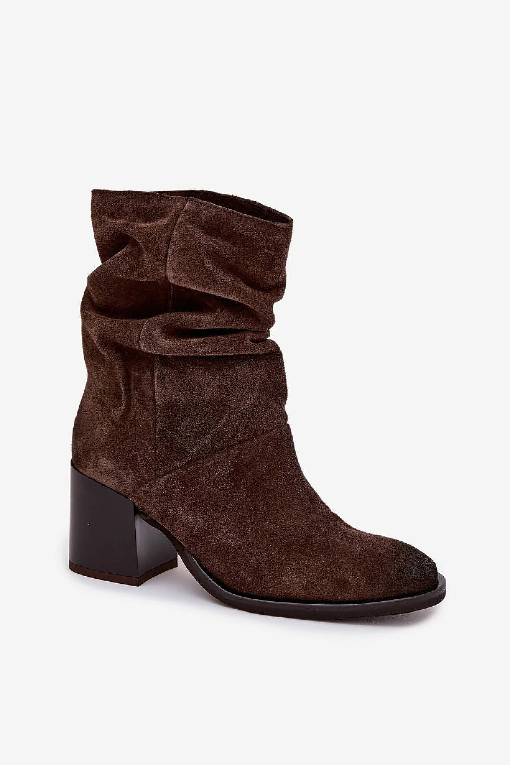 bottines femme cuir suédé marron foncé tige plissée slouchy talon bloc moyen bout amande fermeture éclair latérale confortable