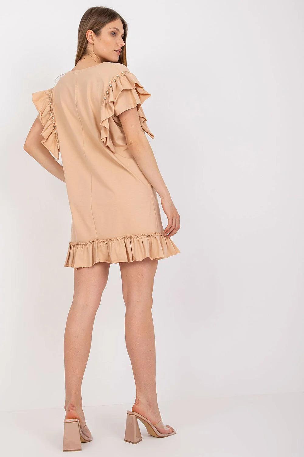 robe estivale corail légère fluide coton viscose col rond coupe droite manches courtes volants perles ourlet volanté féminine chic confortable