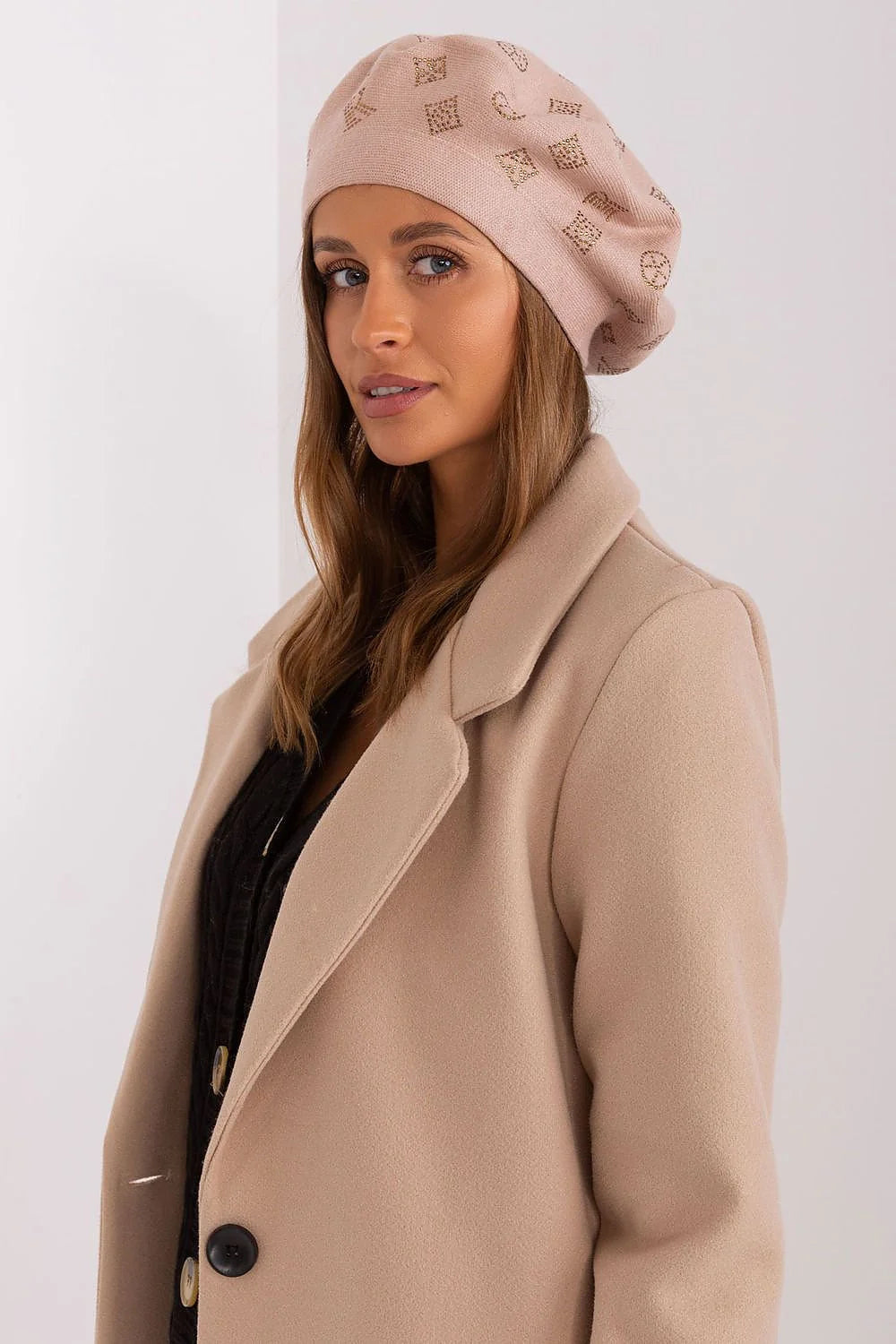 Béret en tricot pour femme, style traditionnel moderne, beige rosé, strass, laine, coton, cachemire, accessoire mode élégant