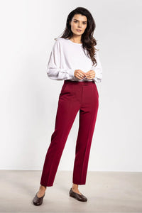 pantalon femme tailleur cigarette taillehaute coupe droite slim longueur cheville pli repassé poches italiennes tissu structuré épuré bordeaux marron foncé