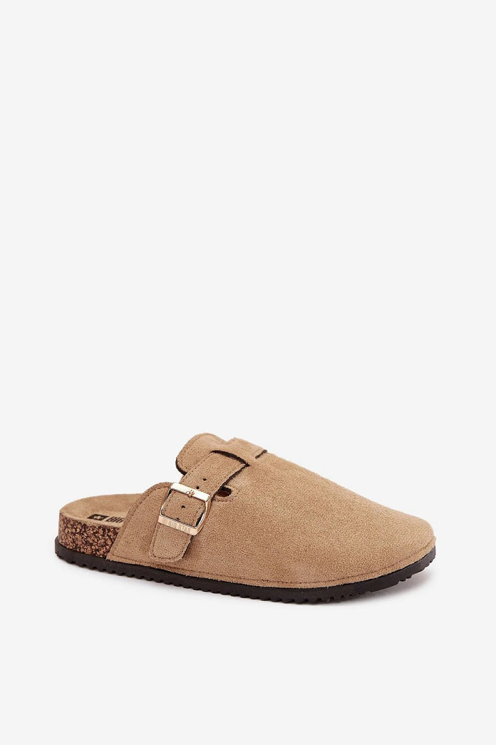 mule femme suédine écologique beige veloutée bout fermé bride réglable boucle dorée bouton latéral semelle liège profilée crantée caoutchouc confortable