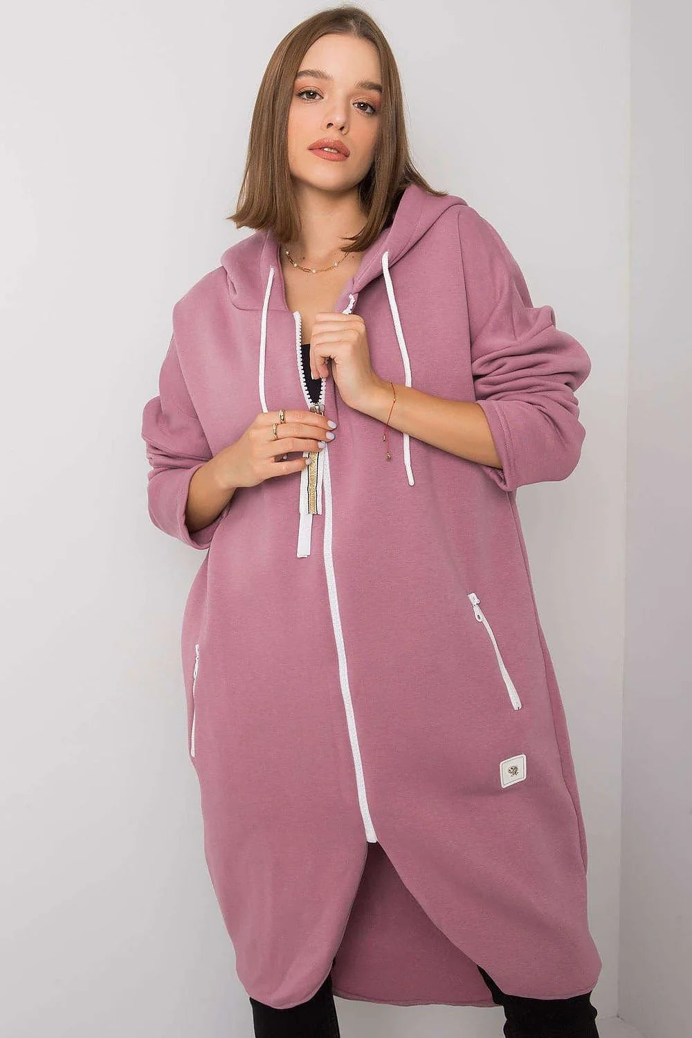 Sweatshirt pour femme coupe longline manches longues capuche fermeture éclair coton élasthanne beige sable