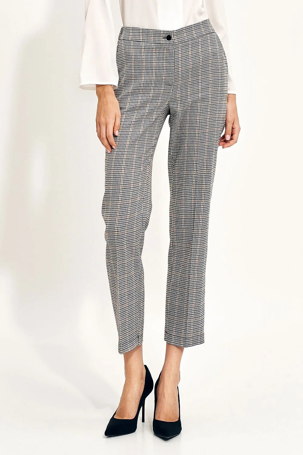 pantalon femme slim cigarette tailleur microcarreaux noir blanc beige taille mihaute cheville fuselé structuré elastique poches plates élégant