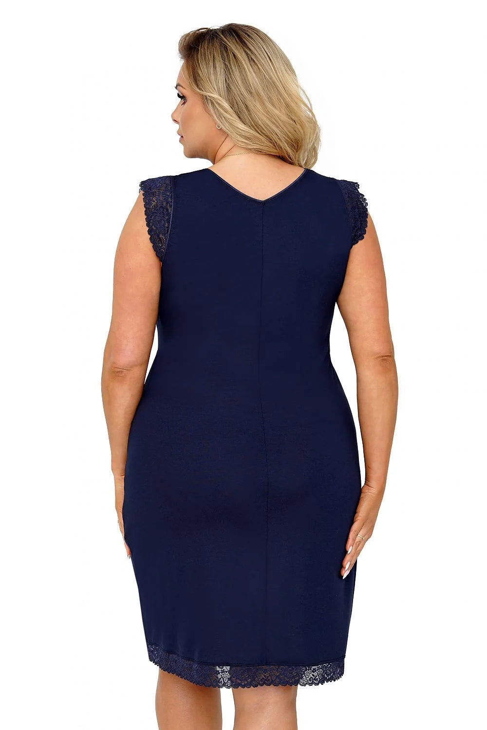 robe nuit bleu marine dentelle manches courtes encolure V plongeant coupe empire taille marquée ajustée fluide viscose coton élasthanne confortable