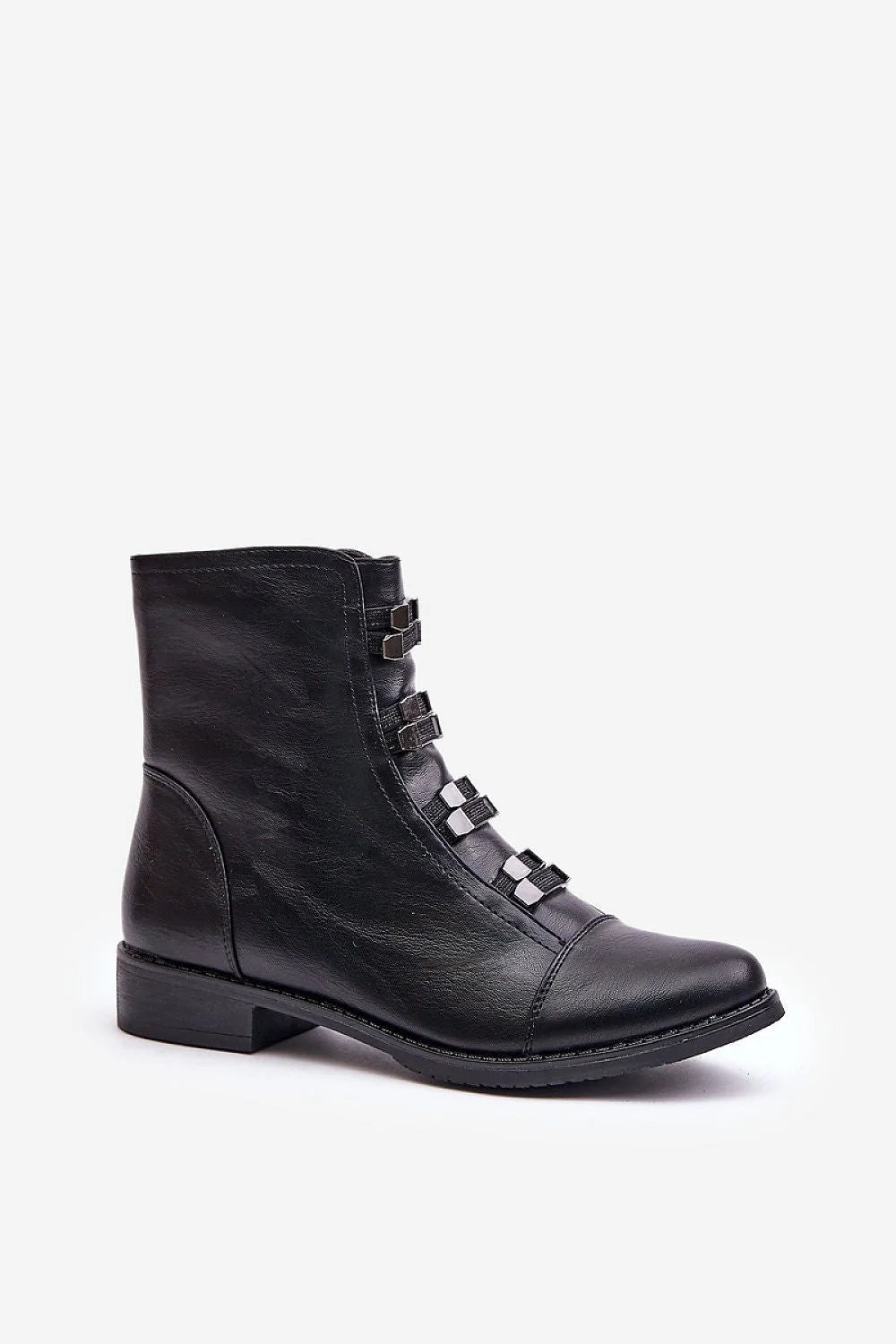 Bottines femmes cuir artificiel noir style moderne élégant sangles métalliques zip latéral confort automne hiver