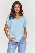Pull pour femmes en maille V-neck casual chic bleu ciel maille fine manches courtes coupe ample bandes côtelées élastiquées