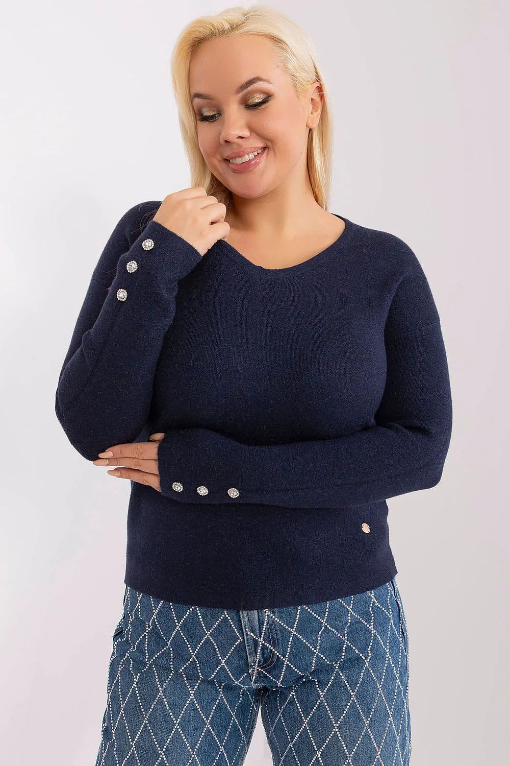 Pull-over féminin élégant couleur bleu marine manches longues boutons décoratifs argentés matière douce viscose taille ajustable femmes tailles plus