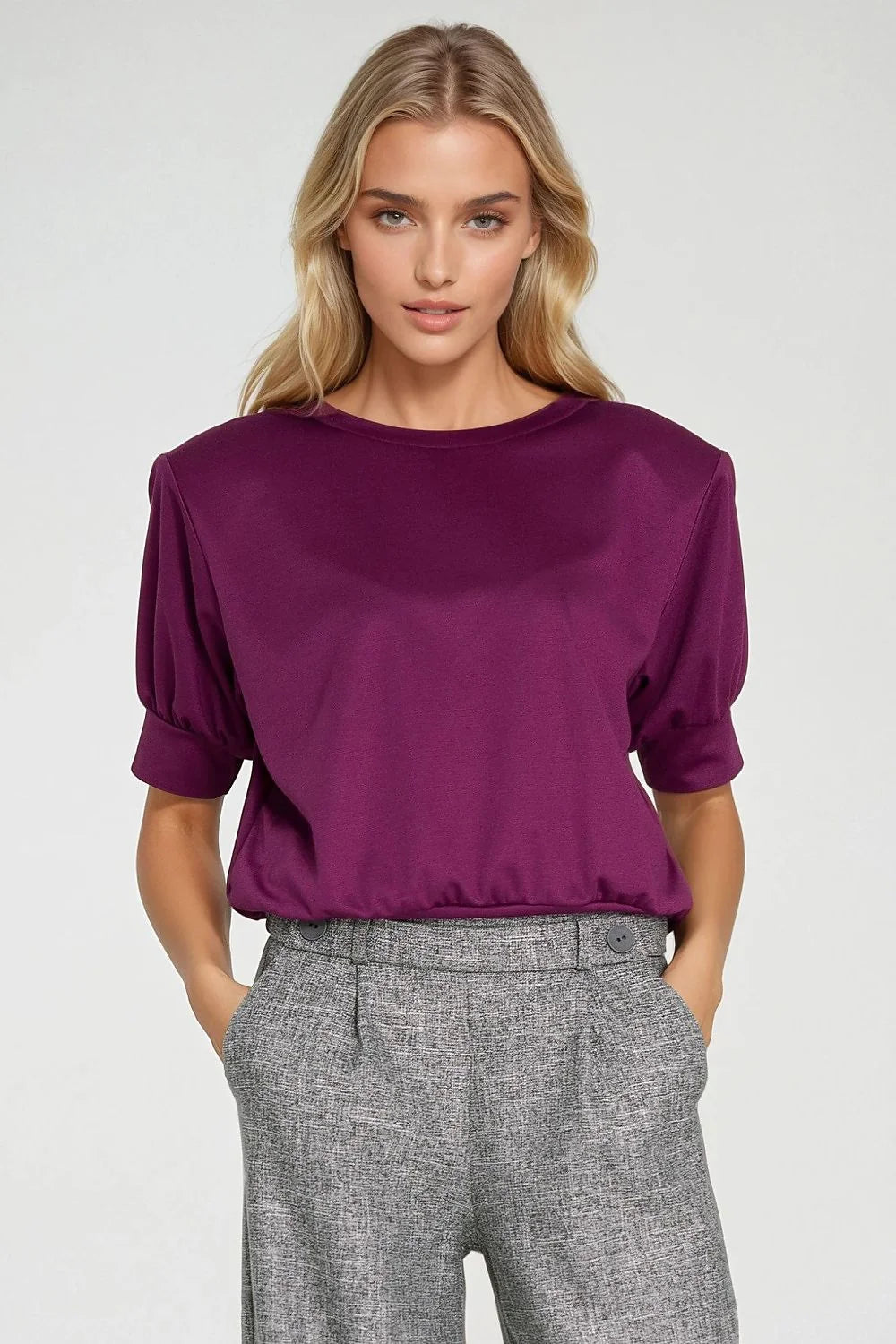 chemisier oversize prune manches bouffantes mi longues encolure ronde coupe blouson taille resserrée tissu fluide extensible doux casual chic bureau