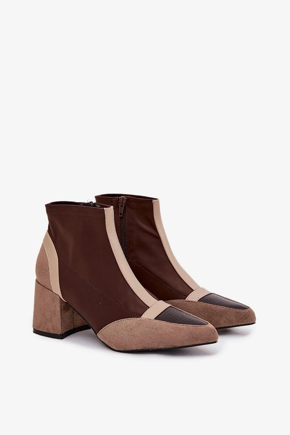 bottine femme bout pointue élancée talon bloc massif suédine textile simili cuir bicolore marron beige empiècements contrastants zippée confortable élégante