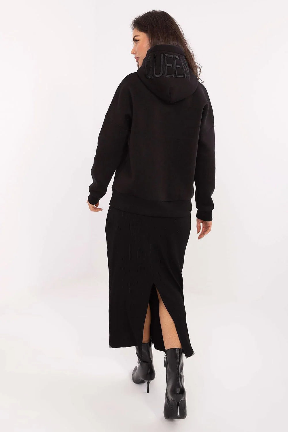 sweatshirt femme oversize noir capuche imprimée boxy coton stretch doux extensible manches longues bords côtes doublé chaud confortable