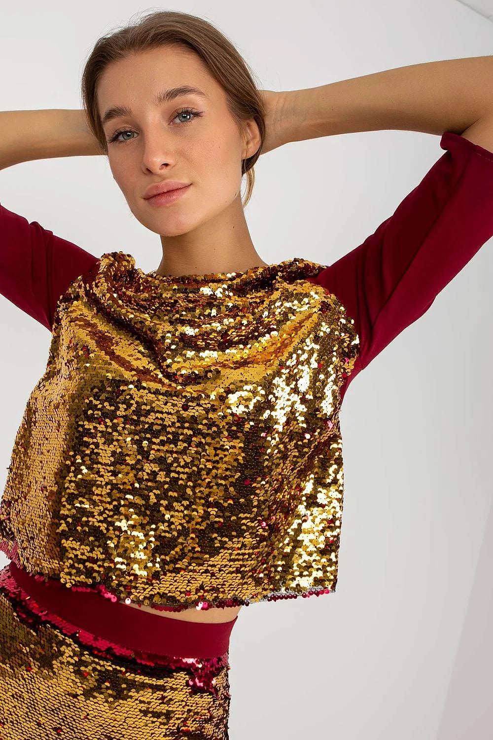 Chemisier Lakerta élégant pour femme en sequins roses tissu uni polyester manches courtes ajusté soirée