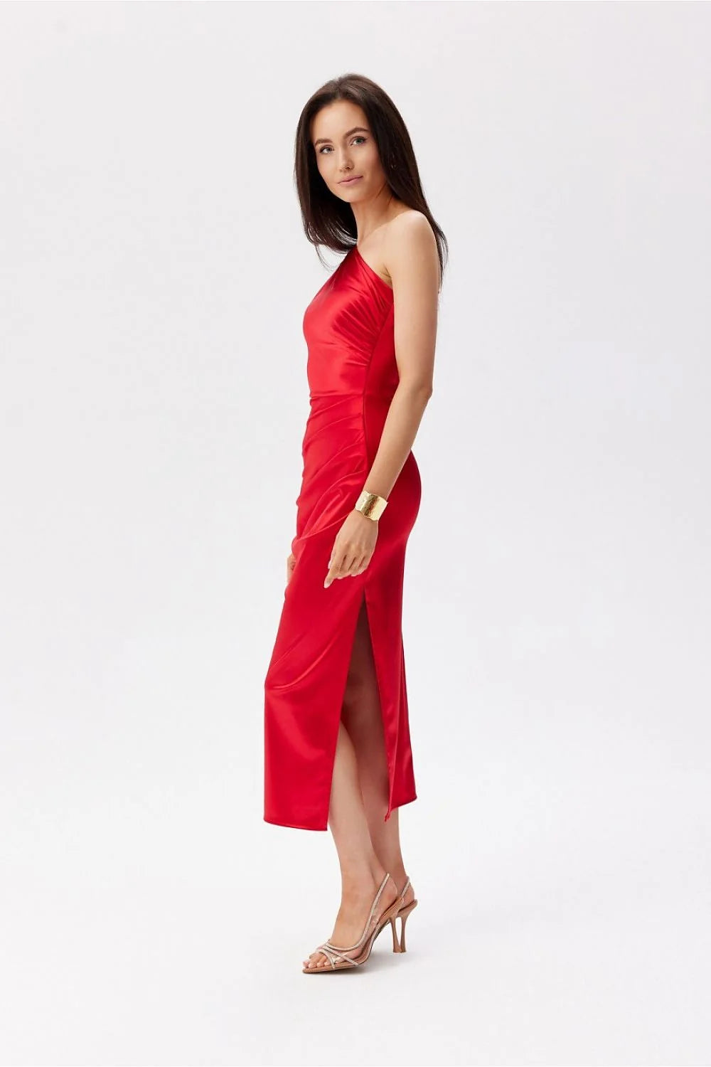 Robe de soirée élégante une épaule satin asymétrique fente jambe taille ajustable femme mode soirée