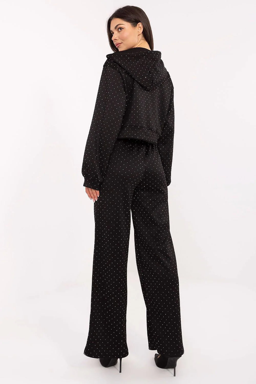 ensemble survêtement femme élégant confortable capuche zippée cordons pantalon taille haute jambes larges poches strass velours stretch noir micropois blancs