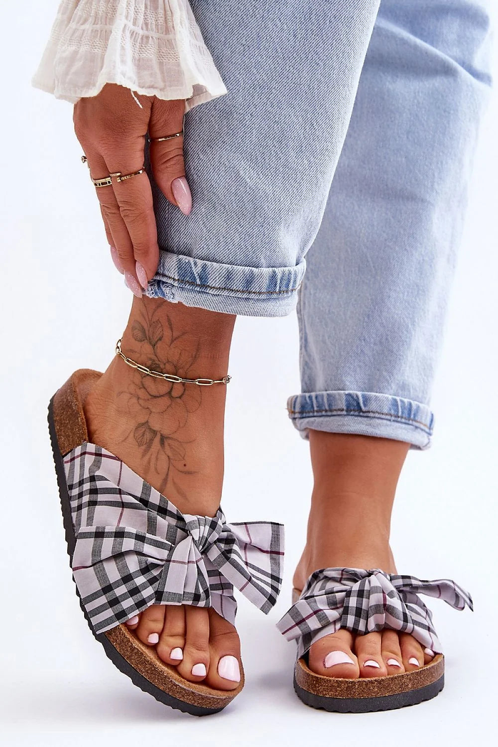 sandales femmes mules été élégantes confort liège semelle anatomique plateau tissu nœud carreaux gris noir ivoire bordeaux caoutchouc crantée ecosuede