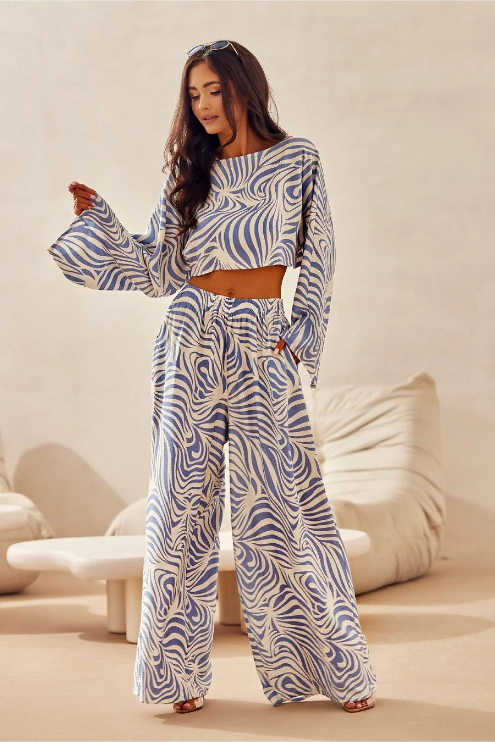 Ensemble femme crop top pantalon large zébré bleu blanc tunique fluide été高 waist高 taille ajustable