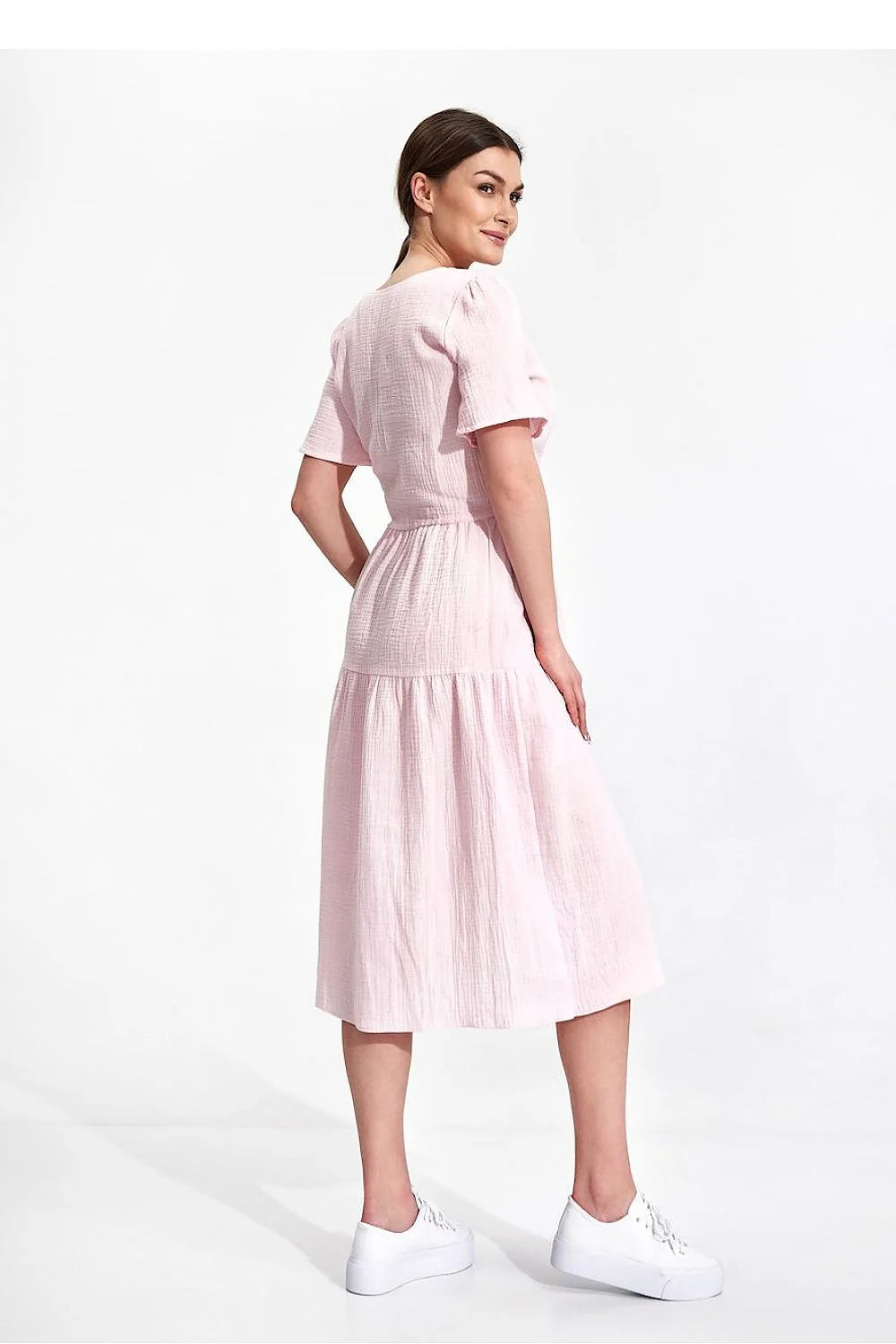 Robe de jour élégante été manches courtes encolure enveloppante coton 100 % taille ajustable femme
