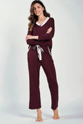 Pyjama Taro femme élégant en viscose élasthanne couleur bordeaux contrastants manches longues pantalon taille élastiquée poches latérales