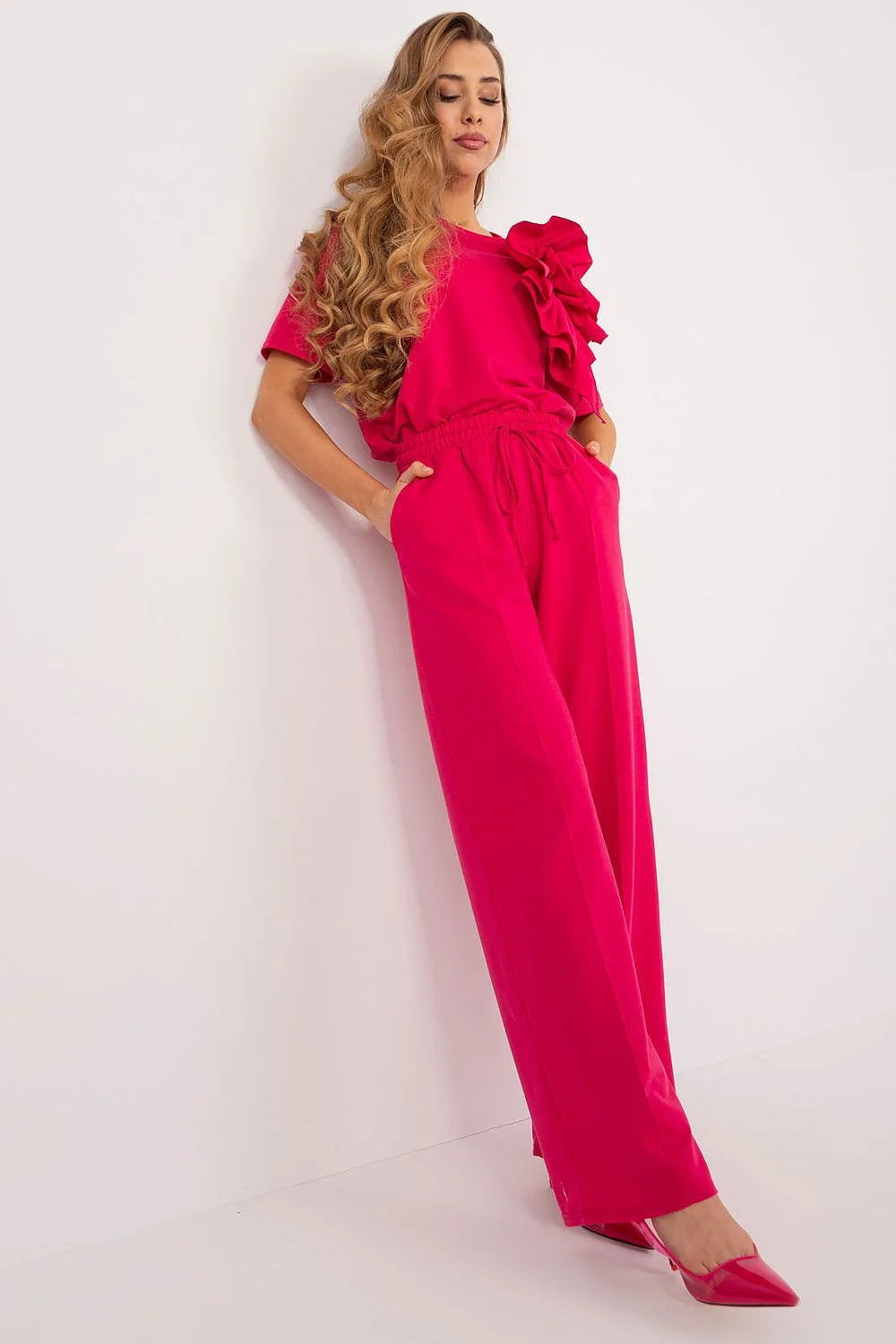 pantalon femme Lakerta fuchsia taille haute cordon élastique poches latérales jambe large tissu fluide crêpe tombé structuré élégant polyvalent soirée