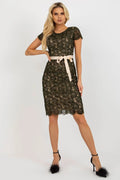 Robe de soirée élégante en dentelle noire manches courtes ceinture à nouer polyester taille ajustable femme