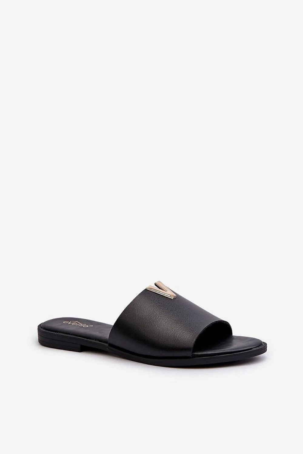 Sandales plates pour femmes style minimaliste cuir artificiel noir détails métalliques argentés talon plat 1 cm