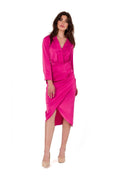 Robe cocktail Makover élégante en satin rose vif manches longues col V croisé taille ajustable femmes soirées