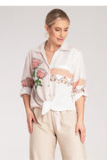 blouse femme asymétrique rayée brodée florale manches troisquarts col classique nouée devant tissu léger dentelle imprimé pêche bohème