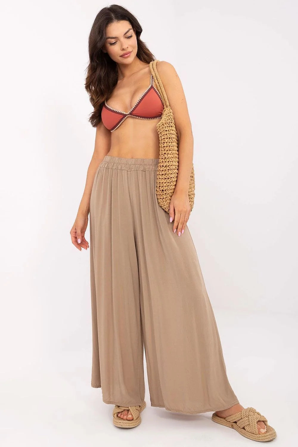 Pantalon femme Och Bella palazzo viscoze élégant décontracté taille haute élastique couleur beige sable
