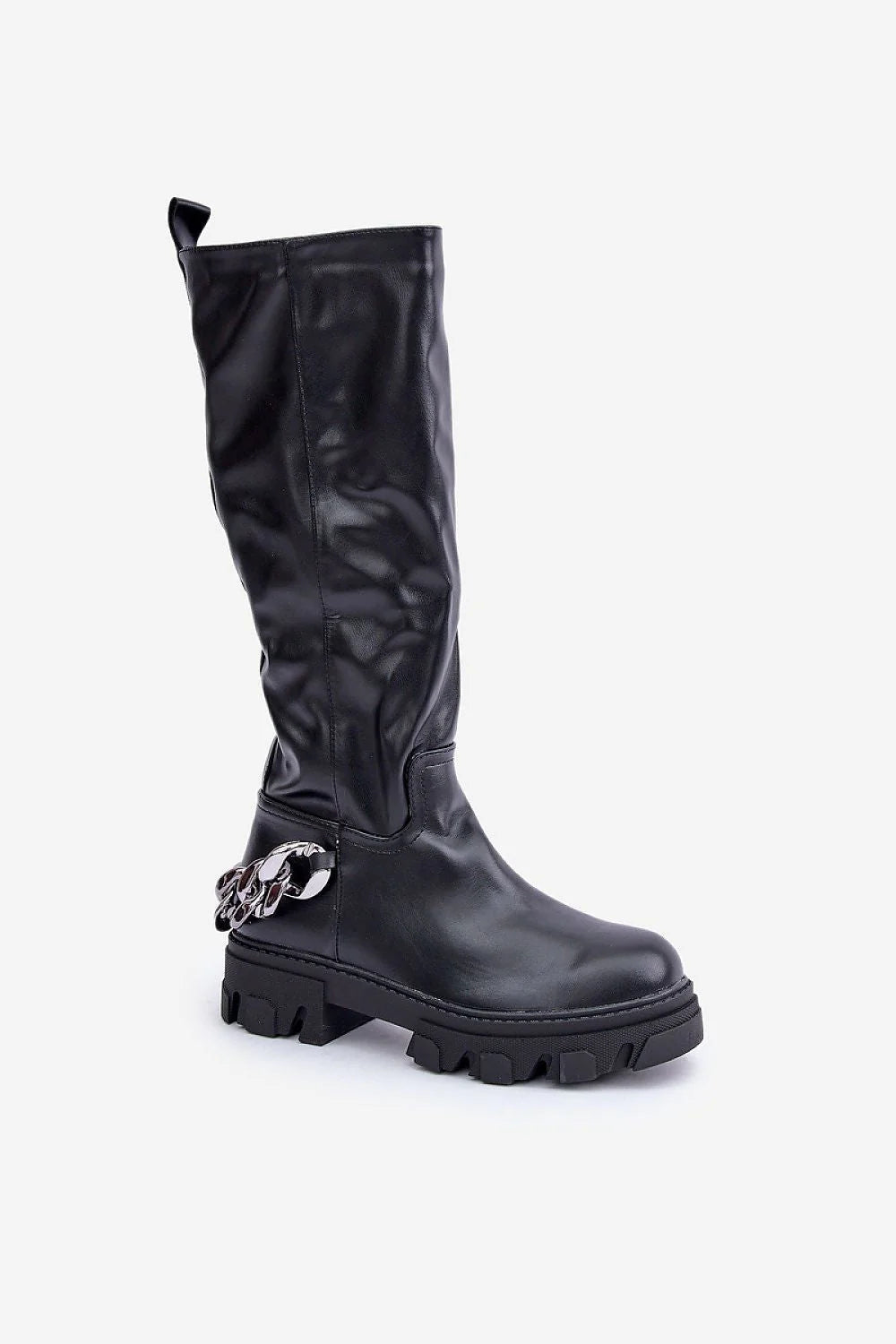 Bottes cuissardes élégantes style moderne simili cuir noir bout arrondi chaîne métallique talon plat 4.5 cm femmes