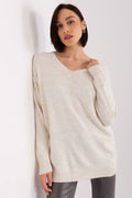 Pull féminin Rue Paris maille douce beige clair manches longues col V coupe ample pour quotidien et occasion