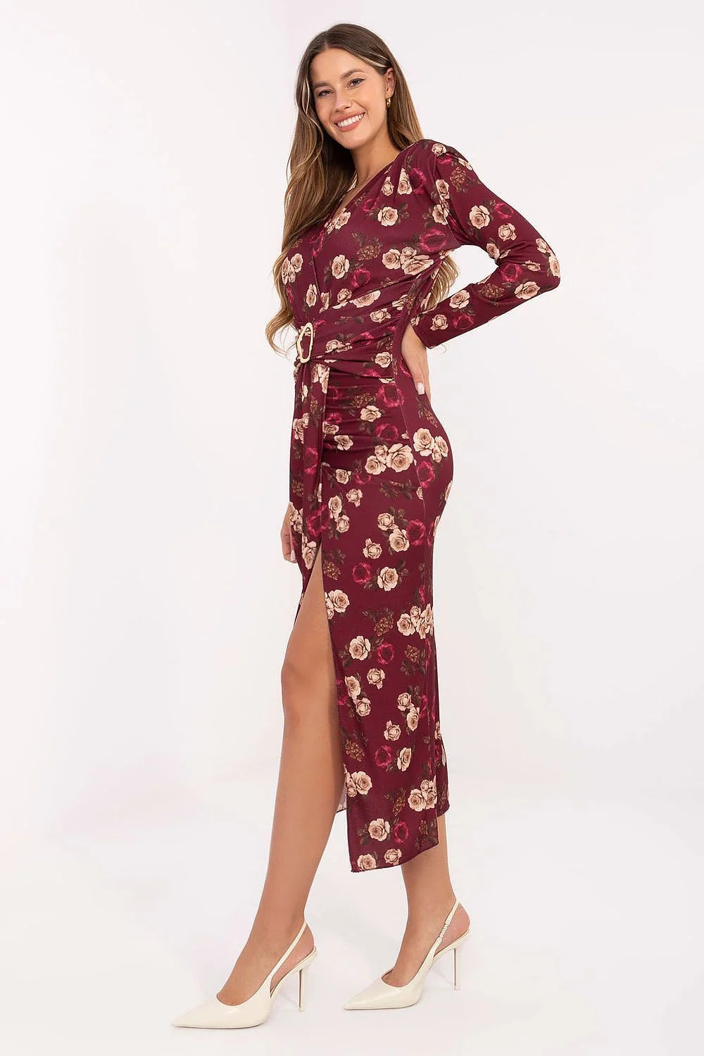 robe crayon midi bordeaux floral manches longues portefeuille fente cuisse cachecoeur froncée taille ceinturée boucle métallique viscose polyester fluide élégante