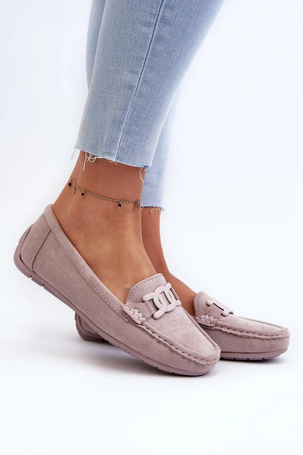Mocassins élégants pour femmes en éco-suede rose pâle, style classique, coupe basse, semelle antidérapante, décoration en nœud, confort maximal