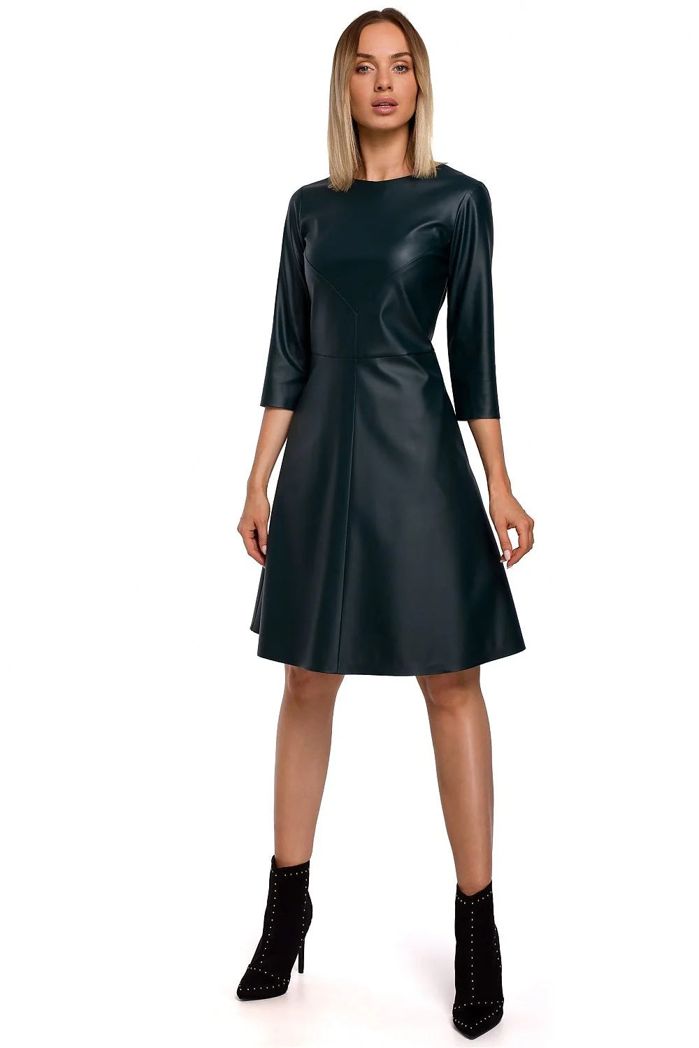 Robe élégante similicuir noir chic moderne manches trois-quarts taille ajustable pour femmes tendance 2023