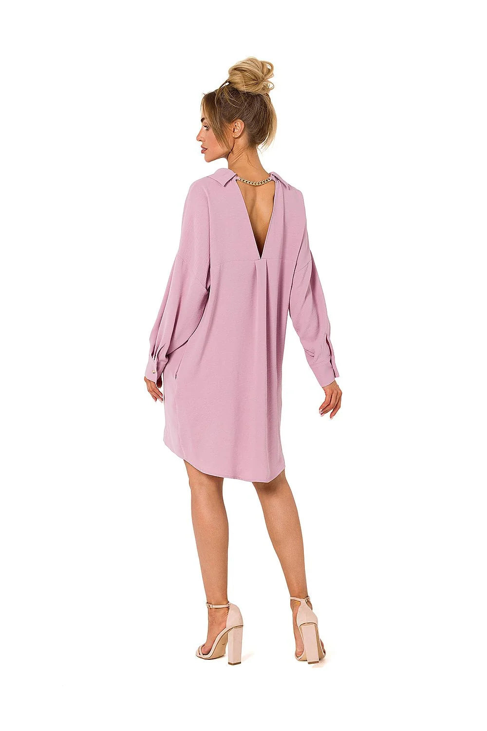 Robe de jour Moe courte femme tissu fluide couleur brun terreux manches longues poignets boutonnés col à revers