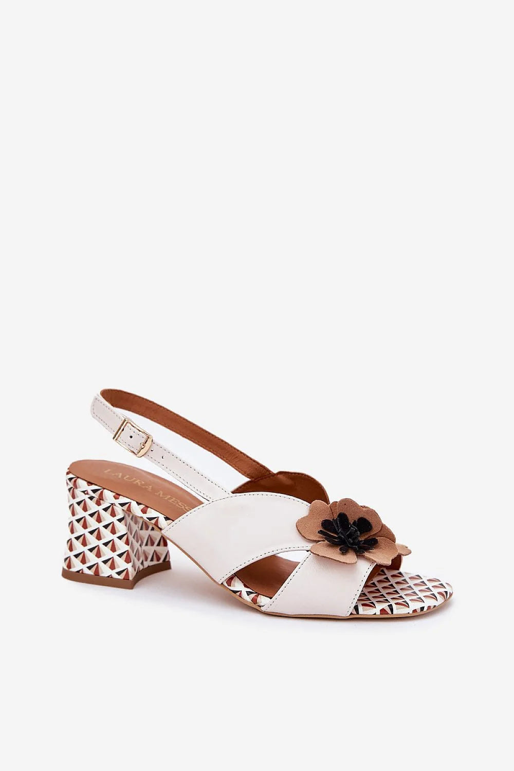 Sandales pour femme Laura Messi style élégant ouvert lanières croisées floral talon carré 6.5 cm ajustable mariage réception été