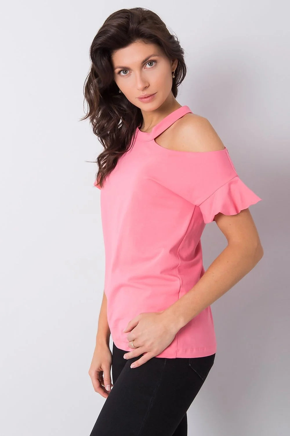 Blouse Fancy asymétrique pour femme, style cold shoulder, manches courtes, couleur rose vif, coton stretch, confortable, versatile, occasion多种