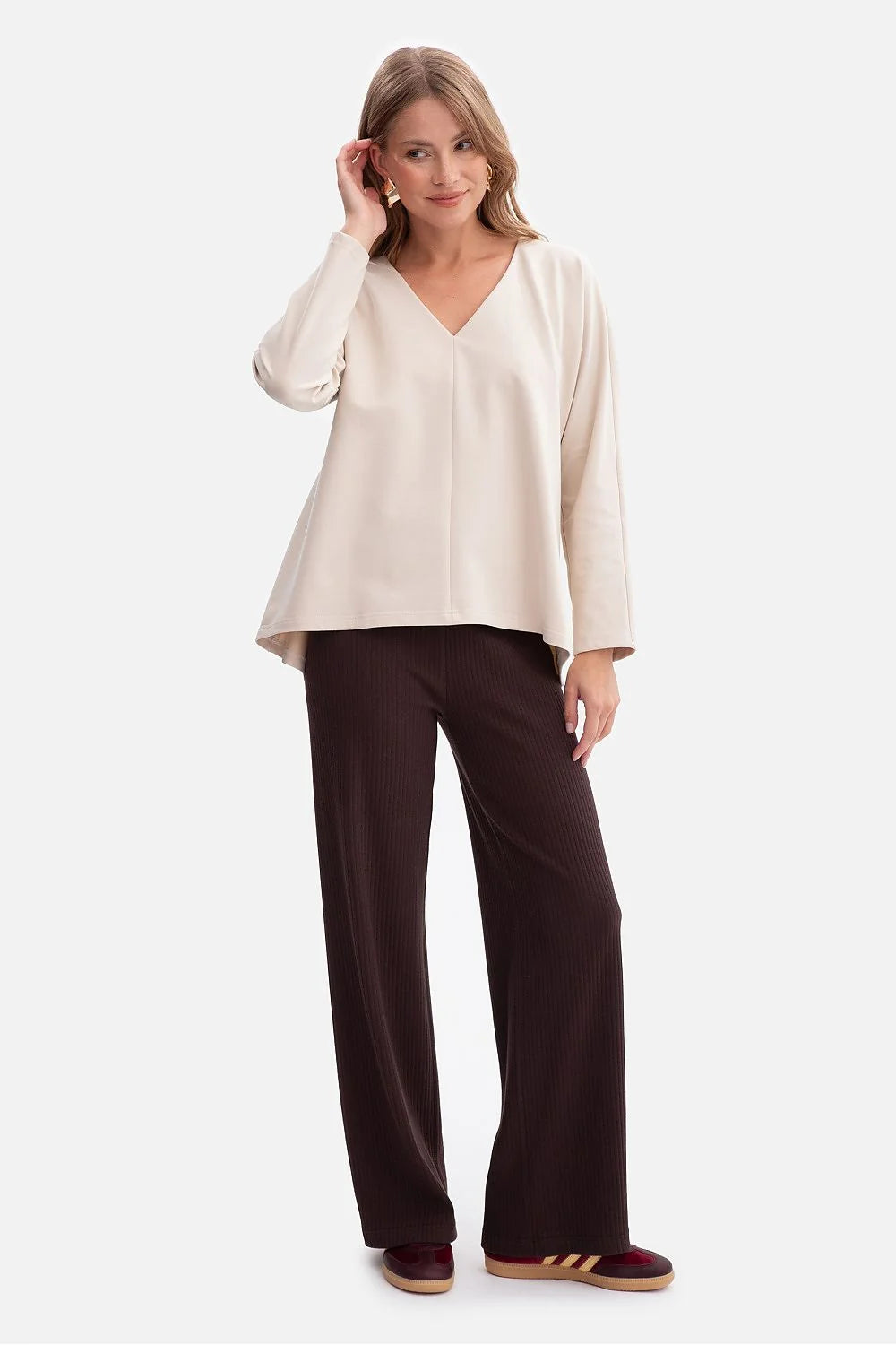 chemisier femme jersey lisse bouclette doux aéré confortable enfilé encolureV manches longues droites coupe ample oversize