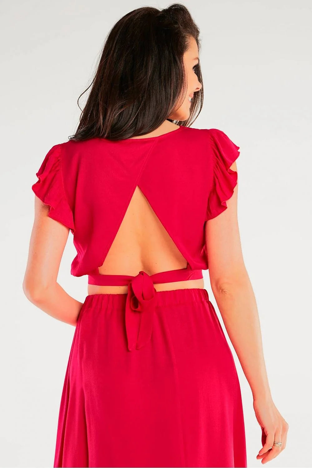 robe chemisier fluide mi longue manches courtes volantées ceinture taille élastiquée satinée soyeuse viscose stretch rouge fuchsia élégant sophistiqué soirée