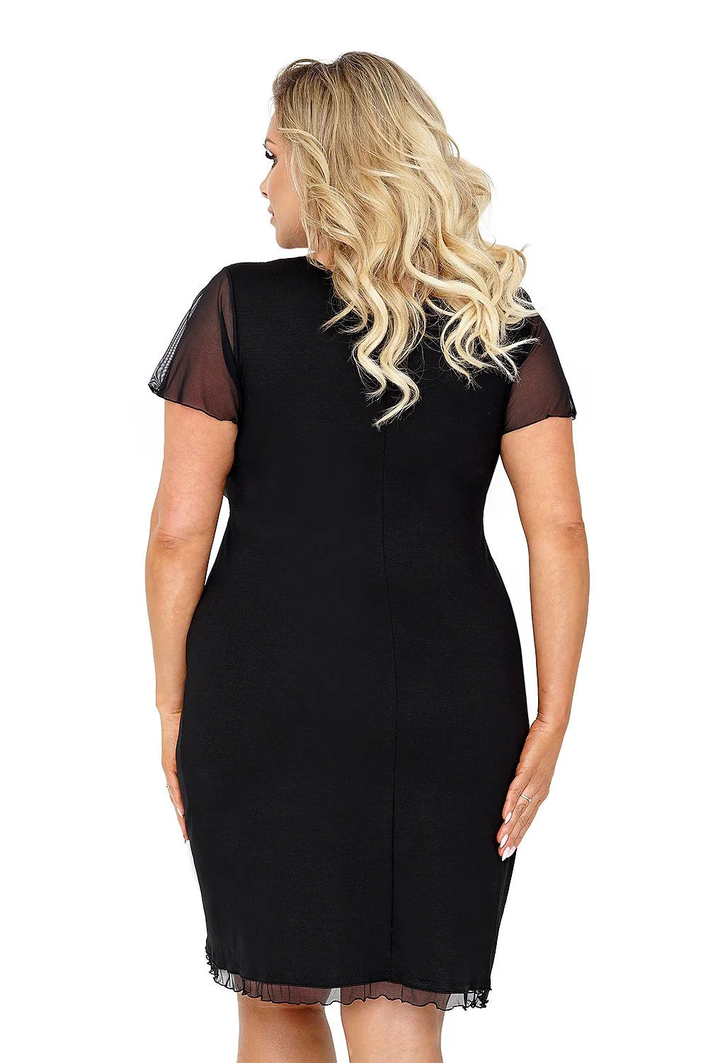 chemise nuit Donna noire élégante sans manches tissu fluide extensible coupe droite genoux ourlet volanté tulle transparent confortable soirée