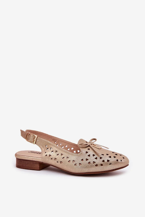 Ballerines Jezzi pour femme style mocassin éco-suede beige doré talon plat bout arrondi nœud métallique